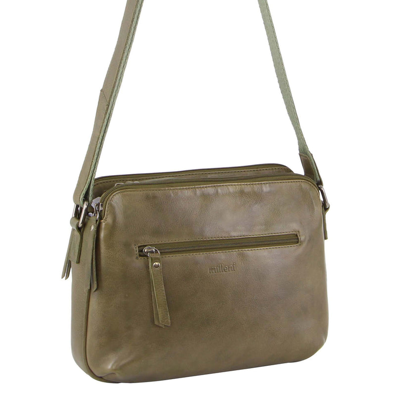 Milleni Ladies Leather Cross Body Bag in Olive (NL10768)